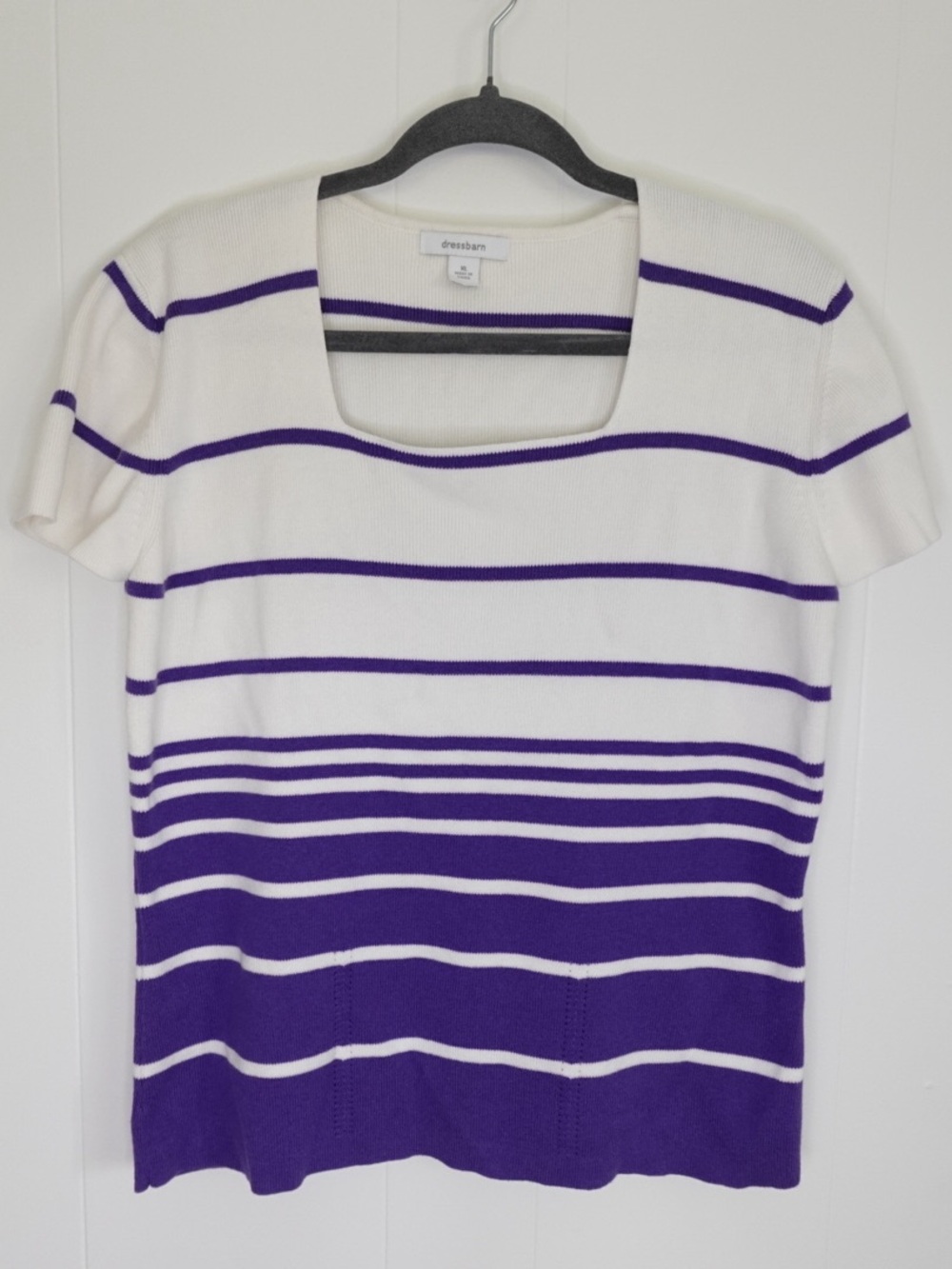 dressbarn White and Purple Striped Short-Sleeve Knit Top